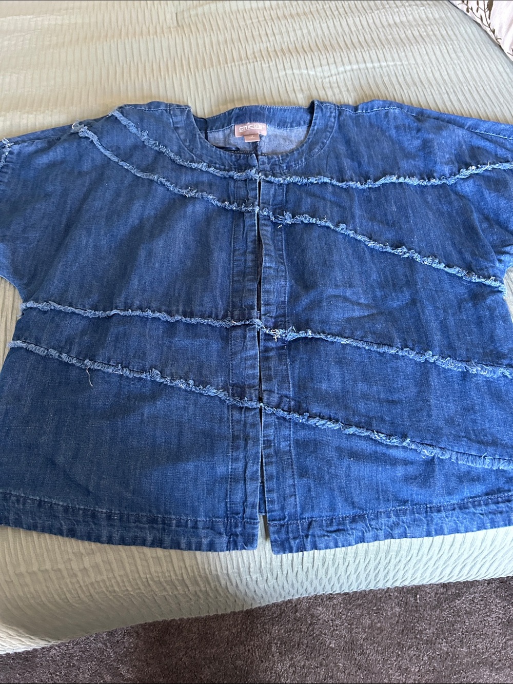 NWOT Chico's Blue Jean Jacket with Frayed Diagonal Trim